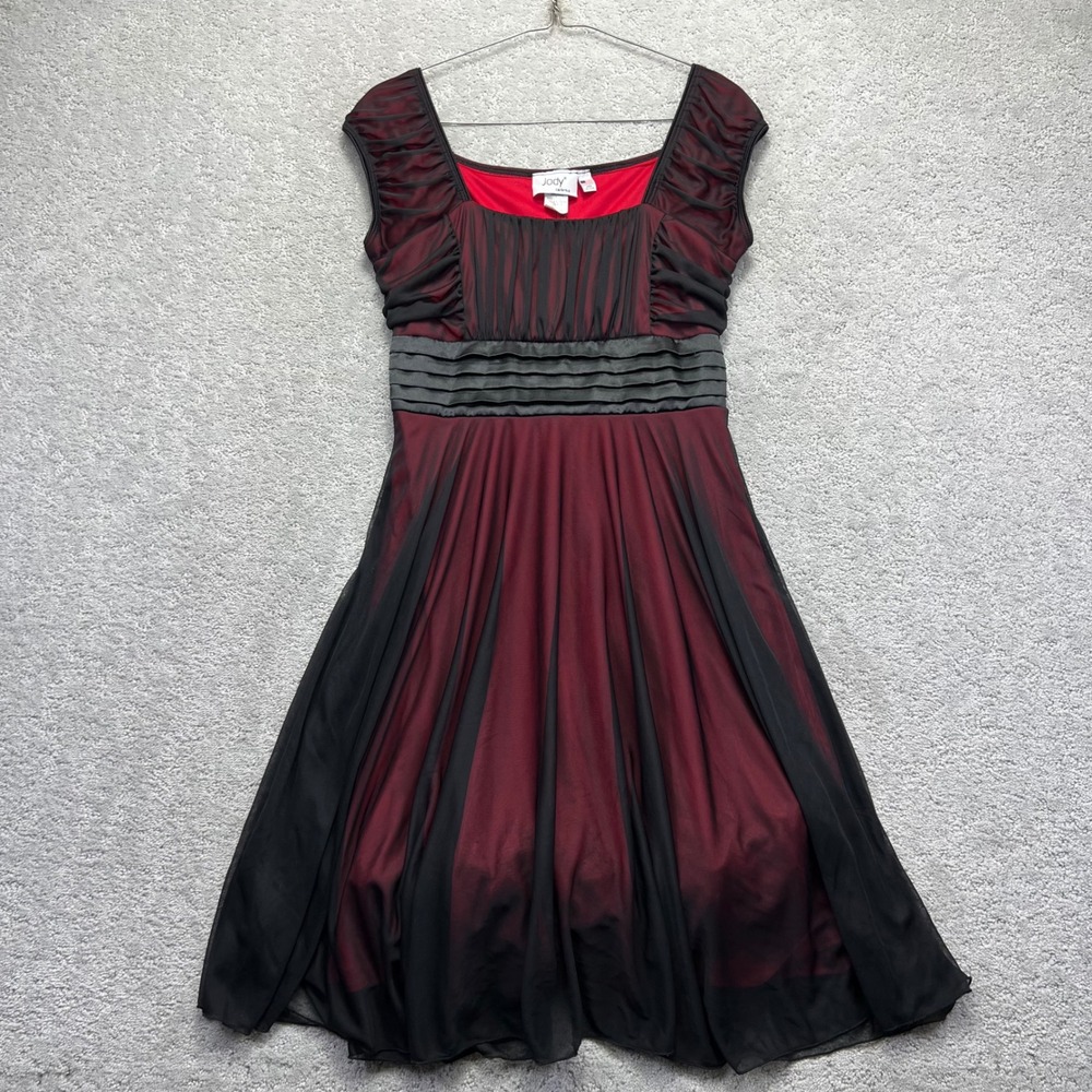 VINTAGE Jody California Dress 9/10 Black Red Mesh Overlay Ruched Tie Back Prom